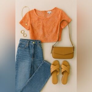 NWOT Tea & Cup Los Angeles Coral Neon Orange Lace Short Sleeve Crop Top